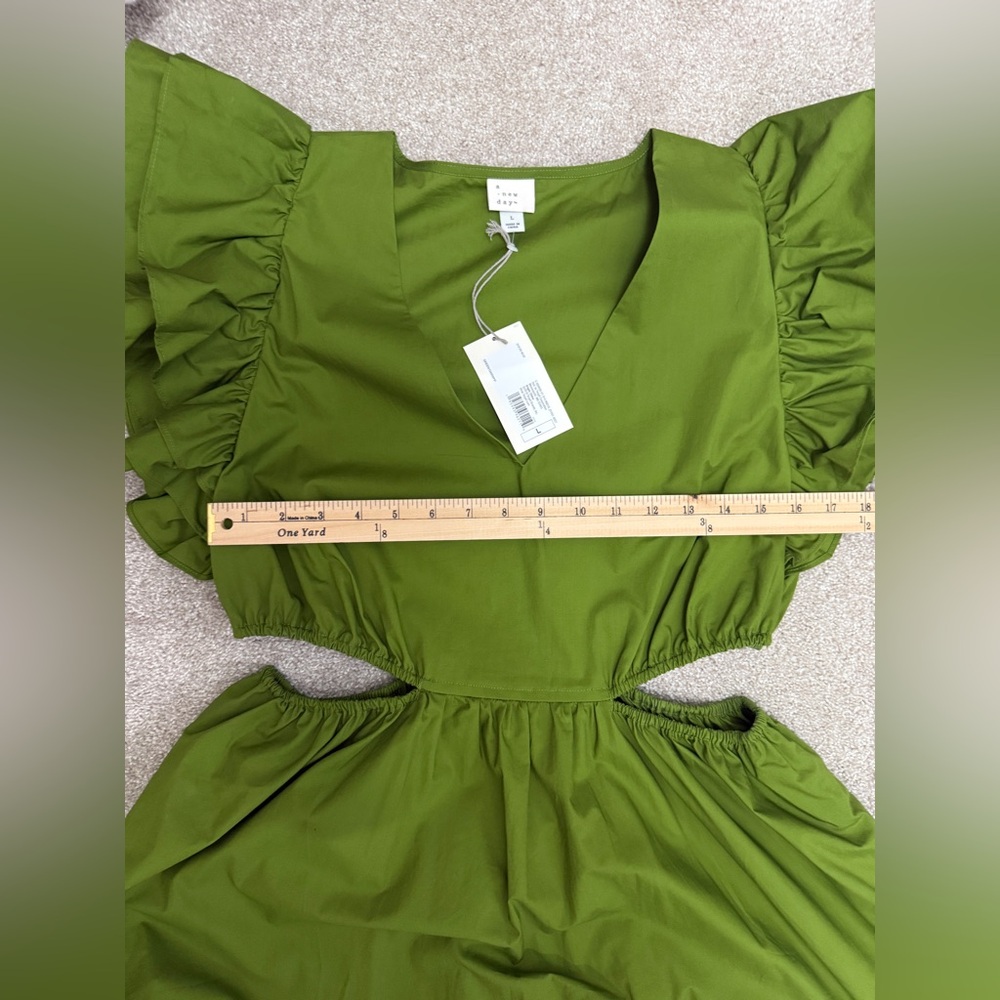 A New Day Olive Midi Dress with Ruffle Sleeves and Cut Outs size Large NWT - Picture 7 of 13